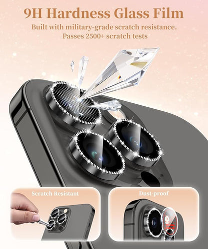 GolbinBox Camera Lens Protector for iPhone 13 Pro/13 Pro Max, 1:1 Invisible Fit, 9H Tempered Glass Ultra HD Metal Individual Camera Cover for Women, Case Friendly, Bling/Black