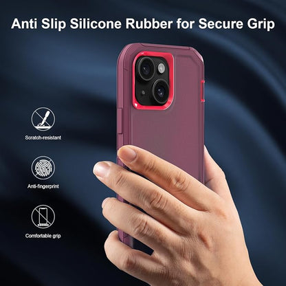 Sansunto for iPhone 16e Case, Protective Cover for 13, 14, 15, 16E 6.1", Heavy Duty Shockproof Drop Proof 3 in 1 Silicone Rubber Cover, Rugged Hybrid Durable Phone Cases for Women (Burgundy)