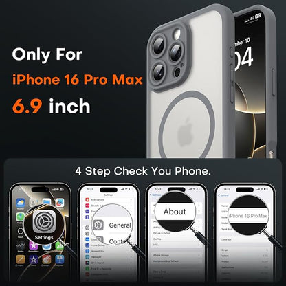 TOCOL Magnetic for 16 Pro Max Phone case, Upgraded Full Camera Protection, Compatible with Magsafe, Drop Protection, Translucent Matte Back Bumper Cover for 6.9-Inch (Gray)