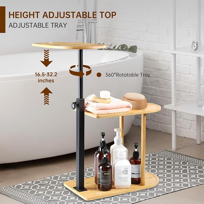3 Layer Bamboo Bathtub Tray Table, Modern Design with 360 Swivel, Height Adjustable, Phone & Wine Glass Slots, Space-Saving for Bathroom, Bedroom, Kitchen
