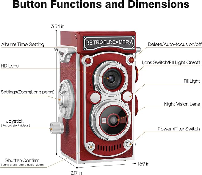Mini Retro TLR Digital Camera, Portable 24MP 1080P FHD Vintage Point and Shoot Pocket Travel Camera with Twin Lens, Autofocus, 16X Digital Zoom, 16GB Card, for Beginners, Teens & Adults - Red