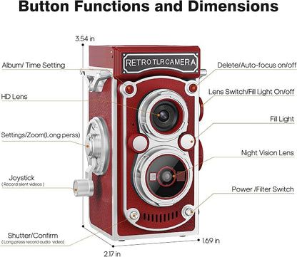 Mini Retro TLR Digital Camera, Portable 24MP 1080P FHD Vintage Point and Shoot Pocket Travel Camera with Twin Lens, Autofocus, 16X Digital Zoom, 16GB Card, for Beginners, Teens & Adults - Red