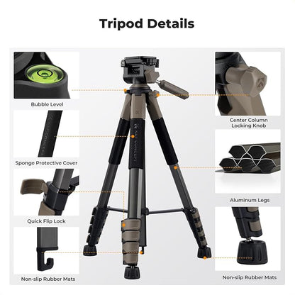 K&F CONCEPT Camera Tripod, 75" Lightweight Portable Travel Outdoor DSLR Tripods for Camera Phone Video Recording Tripod Stand, Cellphone Clip for Smartphone Live Streaming Vlog (Grey, 75'')