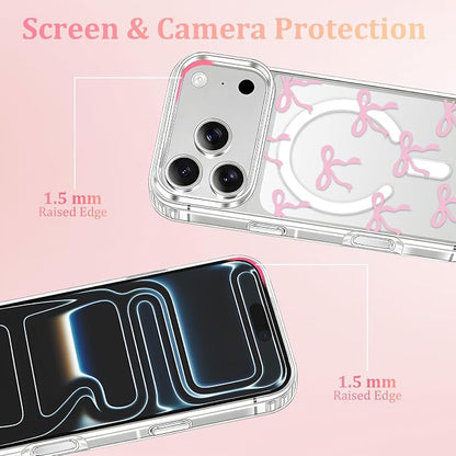 Magnetic Bow Case for iPhone 17 Pro,with Screen Protector & Camera Lens Protector, Slim Clear Phone Cover Anti-Yellowing Shockproof Protective Cover for Women Girl - Pink