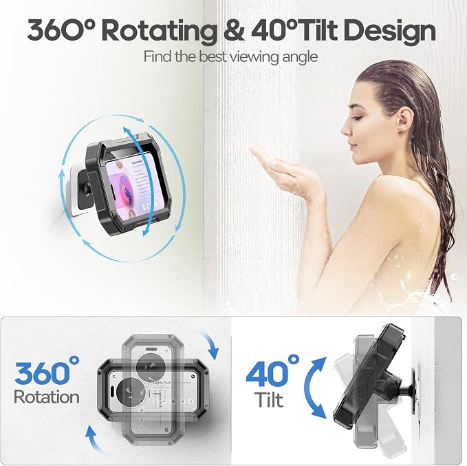KDD Shower Phone Holder Waterproof - 360° Rotation Detachable Phone Case, Fully Enclosed High Touch Sensitive Design Wall Phone Mount Stand, Bathroom Mirror Bathtub Accessories for 4-6.7” Cellphones