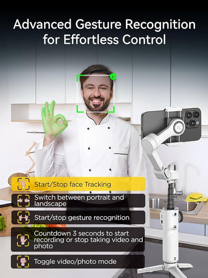 AOCHUAN Gimbal Stabilizer for iPhone, Phone Gimbal with Face/Object Tracking for Vlog Recording, 3-Axis Phone Stabilizer with 7.8' Extension Rod and OLED Display for iPhone/Android-Smart X2 White