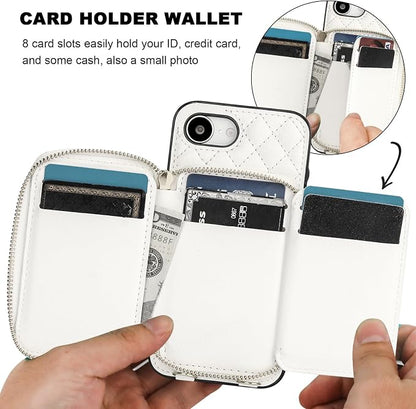 Bocasal Crossbody Wallet Case for iPhone 17e/16e, RFID Blocking PU Leather Zipper Handbag Purse Flip Cover, Kickstand Folio Case with Card Slots Holder Wrist Strap Lanyard 6.1 Inch 5G (White)