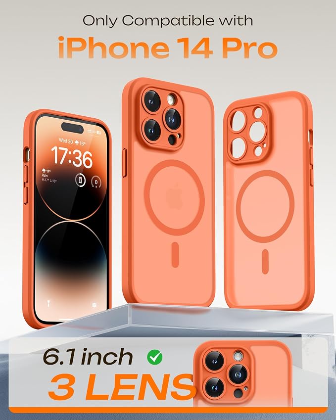 TOCOL for Phone 14 Pro Case, Compatible with Magsafe Charger, Full Camera Protection, Drop Protection, Translucent Matte Phone Case for iPhone 14 Pro 6.1 inch (Orange)