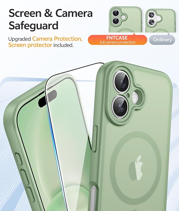FNTCASE for iPhone 16 Case: [Compatible with Magsafe] Translucent Matte Cases with [Full Camera Protection] [Screen Protector] Military Grade Shockproof Protective Phone Cover - Light Moss