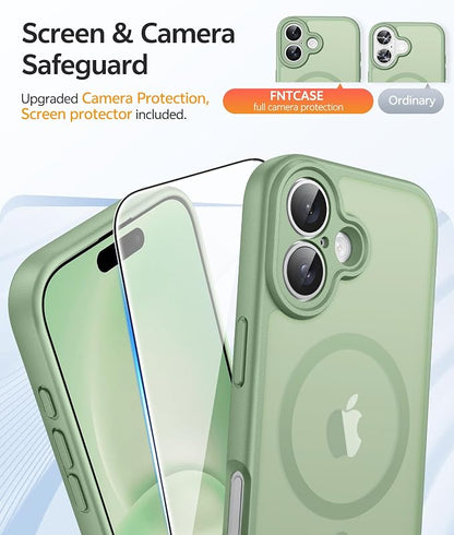FNTCASE for iPhone 16 Case: [Compatible with Magsafe] Translucent Matte Cases with [Full Camera Protection] [Screen Protector] Military Grade Shockproof Protective Phone Cover - Light Moss