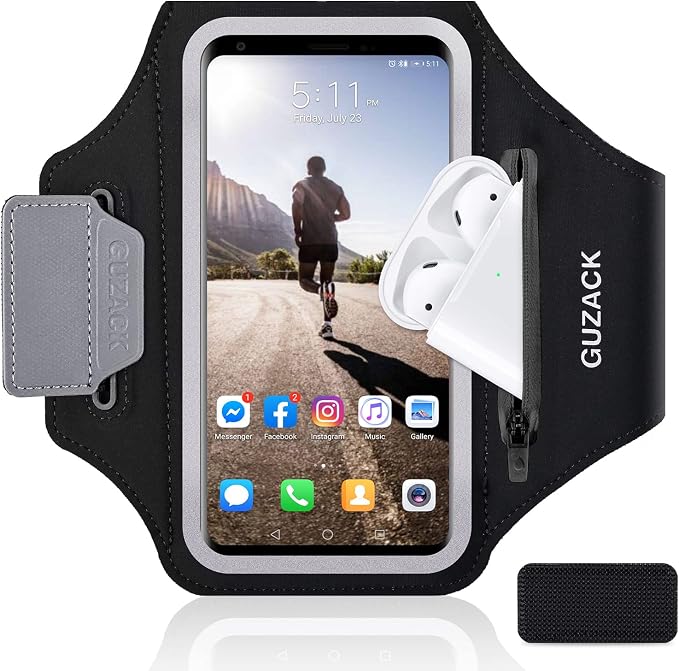 GUZACK Running Phone Holder with Zipper Pouch, Running Armband for iPhone 17/16/15/14/13 Pro Max/Plus, Galaxy S25/S24/S23/S22, Cell Phone Arm Holder with Card Slot - Size L (Bigger Arm 14-17 in)