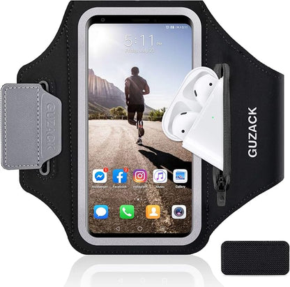 GUZACK Running Phone Holder with Zipper Pouch, Running Armband for iPhone 17/16/15/14/13 Pro Max/Plus, Galaxy S25/S24/S23/S22, Cell Phone Arm Holder with Card Slot - Size L (Bigger Arm 14-17 in)