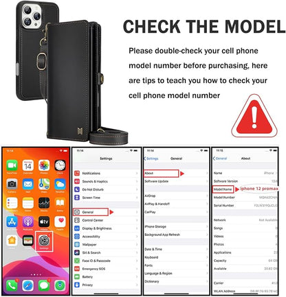 for Wallet Case Compatible with iPhone 12 Pro Max,Multi-Function Detachable 2 in 1 Magnetic iPhone 12 Pro Max Case Wallet,Flip Strap Zipper Card Holder Phone Case with Shoulder Straps (Black)