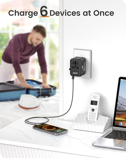 LENCENT Universal Travel Power Adapter, 30W International Wall Charger | with USB C Fast Charging, Worldwide Plug Adaptor Travel Essentials for US to EU UK Ireland Australia Type C/G/A/I Black