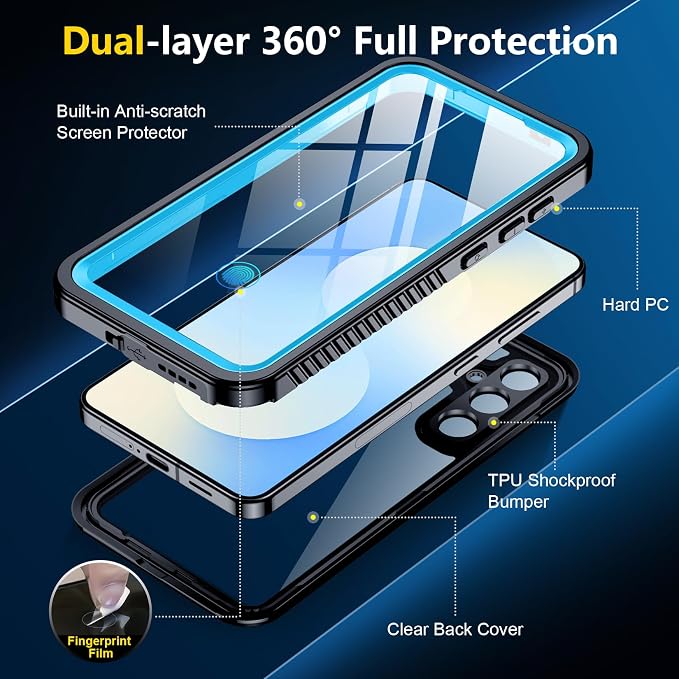 SPIDERCASE Designed for Samsung Galaxy S25 FE Case Waterproof,Built-in Screen & Camera Lens Protector[IP68 Underwater][Military Grade Shockproof] Full Body Protection Phone Case, Blue/Clear