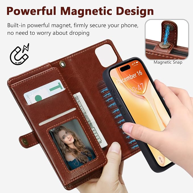 Wallet Case for iPhone 15 with Card Holder/Crossbody Wallet/Strap| RFID Blocking | Magnetic | Kickstand | Detachable | PU Leather Phone Case for iPhone 15,6.1 in,Brown