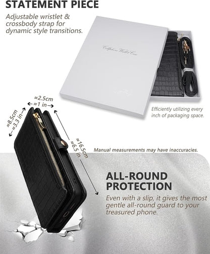 Crossbody Wallet Case for iPhone 15 Pro Max with Mirror, Wrist Strap, Zipper Purse Magnetic Flip RFID Blocking Card Holder, Wireless Charging, PU Leather Shockproof 6.7" Women (Black)