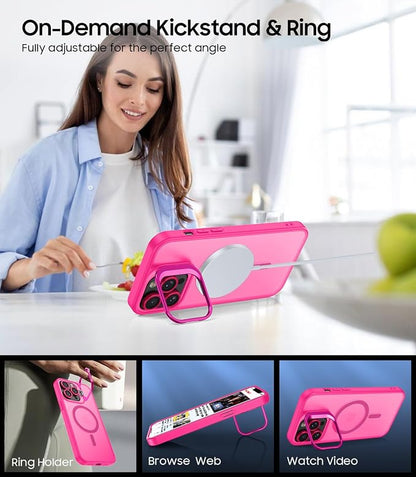 for iPhone 16 Pro Max Case, Compatible with MagSafe, Built-in Camera Ring Stand, with Individual Camera Cover, Translucent Matte Military-Grade Drop Protection Magnetic Case, Hot Pink