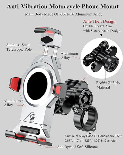 BRCOVAN Anti-Theft Aluminum Alloy Motorcycle Phone Mount with Vibration Dampener & Secure Lock, Adjustable Motorcycle Handlebar Cellphone Holder for Bike Bicycle Scooter ATV, Fit 4.7-7.2'' Smartphone