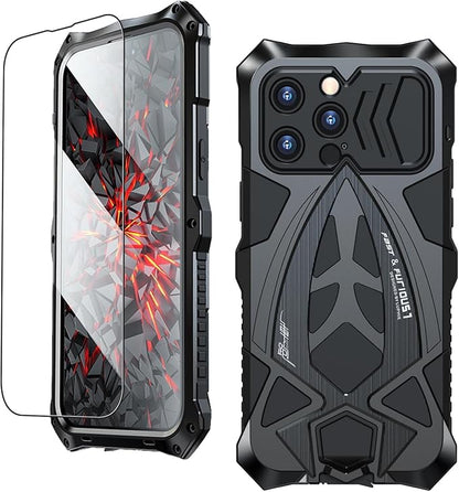 Armor Phone Case for iPhone 15 Pro Military Grade Drop Tested 360 Full Protection Cover Heavy Duty Hybrid Metal Bumper Built-in Silicone Shockproof Dustproof with Screen Protector - Black