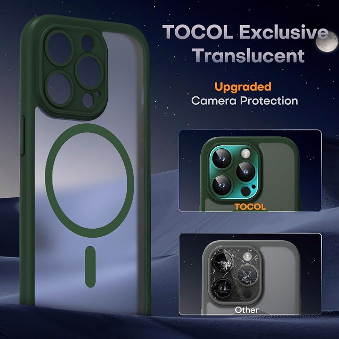 TOCOL Magnetic for iPhone 13 Pro Case Upgraded Full Camera Protection Compatible with Magsafe Drop Protection Translucent Matte Back Bumper Phone Cover 6.1-Inch, Alpine Green