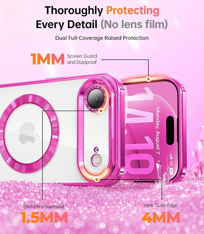 Meifigno Designed for iPhone Air Case with Ring Stand (6.5"), [Built-in Mirror] [Compatible with MagSafe] [Glitter Card & Wrist Strap] Removable Phone Stand +Designed for iPhone 17 Air Case, Hot Pink