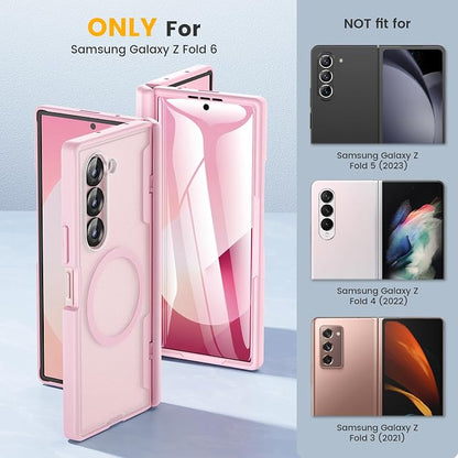 Caka Magnetic for Samsung Galaxy Z Fold 6 Case with Hinge Protection Pink | Compatible with MagSafe, Built-in Outer Screen Protector, Hinge Guard, Translucent Matte Back, 360° Hybrid Drop Defense