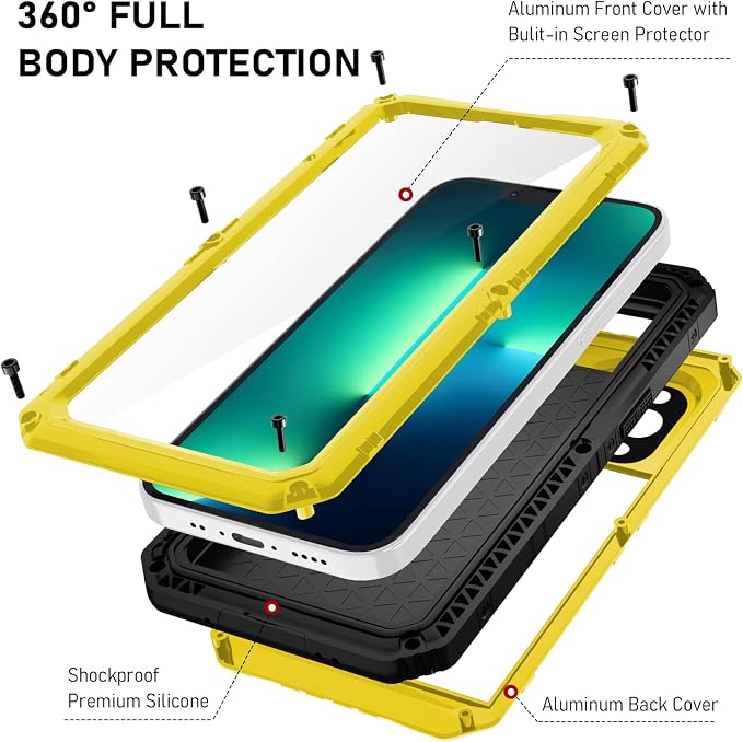 Beasyjoy Waterproof Case for iPhone 13 Pro, Full Body Protective Cover with Built-in Screen Protector, Heavy Duty Metal Rugged Shockproof Dustproof Defender Phone Case 6.1 Inch, Yellow