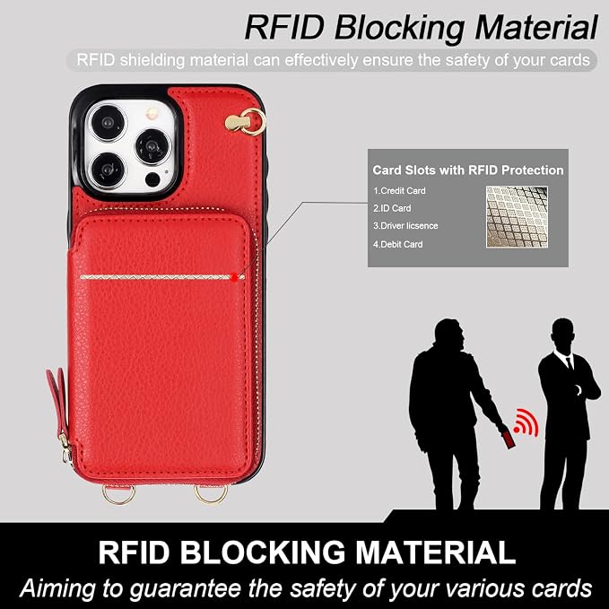 Bocasal Crossbody Wallet Case for iPhone 15 Pro Max, RFID Blocking Leather Purse Case with Card Holder, Protective Handbag Flip Cover with Zipper Wrist Strap Lanyard for Women 5G 6.7 Inch (Red)