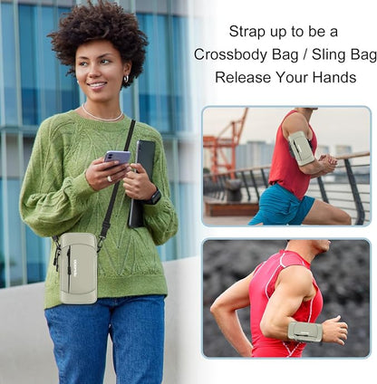 Phone Holder for Running, Waterproof Armband with Crossbody Strap, Lightweight Running Armband Phone Holder, Adjustable Elastic Running Band for iPhone Samsung 7.5 Inch (Crossbody Bag Khaki)