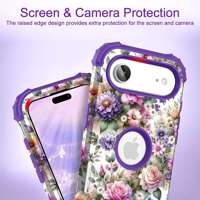Hocase for iPhone Air Case 6.5", Heavy Duty Shockproof Protection Soft Silicone Rubber+Hard Plastic Bumpers Hybrid Protective Case for iPhone Air 2025 - Purple Pink Flowers