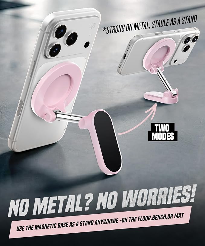 GolbinBox Magnetic Gym Phone Holder for MagSafe, All Metal Dual-Magnet Mount for iPhone and Android, 360° Adjustable Tri-Axis, Gym Essentials for Bodybuilder Men Women Recording Fitness Exercise, Pink