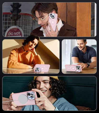 [Upgraded] for iPhone 16 Pro Case with Camera Cover Stand [Fit for MagSafe][9H Camera Lens Protector] Mil-Grade Protection Translucent Matte Magnetic iPhone 16 Pro Phone Case, Pink