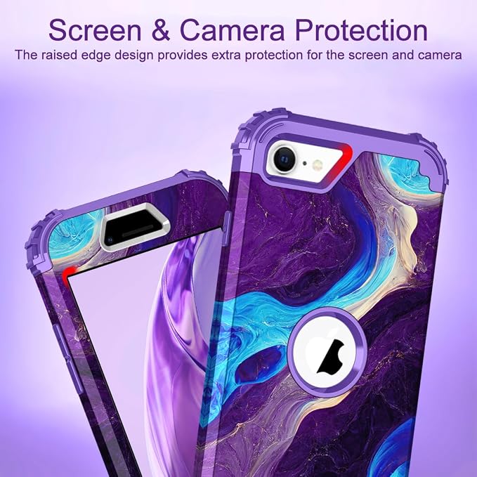 Hocase for iPhone SE 2022/2020 Case, Heavy Duty Shockproof Protection Hard Plastic+Silicone Rubber Hybrid Protective Case for iPhone SE 3rd/2nd Generation (4.7") - Blue Purple Marble