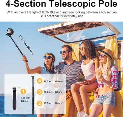 19" Short Selfie Stick, Compact & Lightweight Monopod Pole (6.7"-18.9") with 360° Tripod Adapter for GoPro, for Insta360, for DJI Osmo Action Camera - YD024
