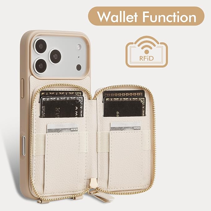 ZVE for iPhone 17 Pro Max Case Wallet with Card Holder,RFID Blocking Crossbody Strap Phone Cover for Women 6.9" Beige