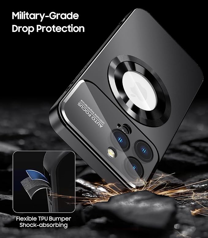 Magnetic for iPhone 15 Pro Max Case, Compatible with MagSafe, Built-in Camera Lens Protector, Logo View, Military Grade Drop Proof Phone Cover, Black