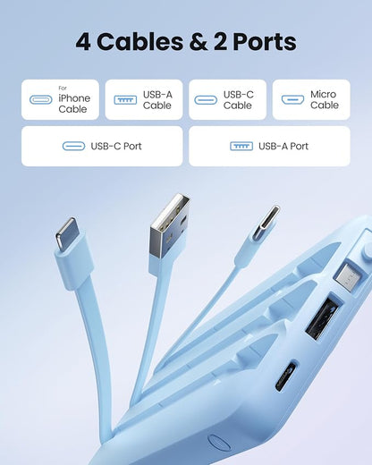 10000mAh Portable Charger, Slim Power Bank with Built-in Cables, Battery Pack 5 Outputs 2 Inputs LED Display Compatible with iPhone/Android & More (Blue)