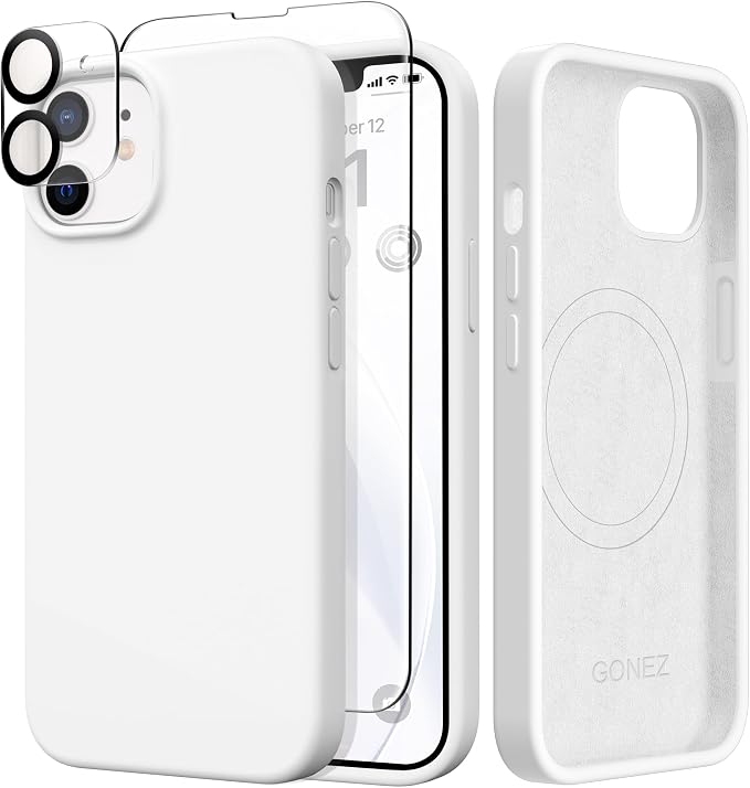 GONEZ Magnetic for iPhone 12 Case / 12 Pro Case, Compatible with MagSafe, [Screen Protector + Camera Lens Protector], Silicone Shockproof Anti-Scratch Protective Phone Case 6.1 inch, White