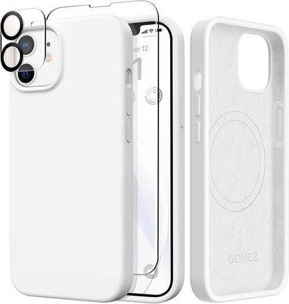 GONEZ Magnetic for iPhone 12 Case / 12 Pro Case, Compatible with MagSafe, [Screen Protector + Camera Lens Protector], Silicone Shockproof Anti-Scratch Protective Phone Case 6.1 inch, White