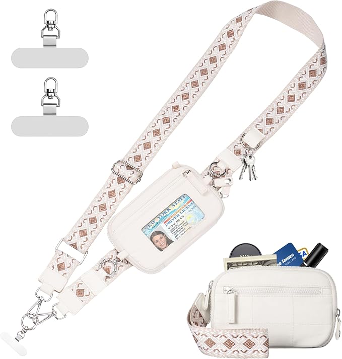 Tiostep Clip and Go Strap for Phone with Wallet Crossbody Phone Lanyard with Anti-Theft Zipper Pouch Detachable Quilted Wrist Wallet with RFID and ID Window for Daily Travel.
