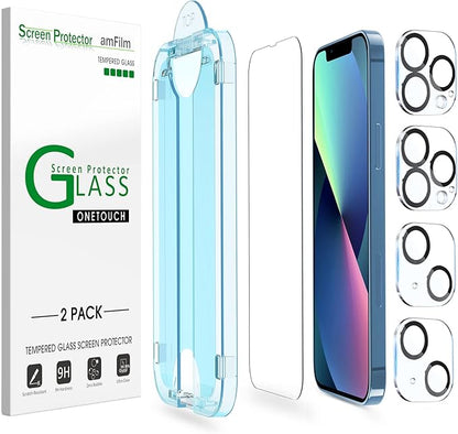 amFilm Screen Protector OneTouch Compatible with iPhone 13, iPhone 13 Pro (6.1", 2021) Tempered Glass and Camera Lens Protector, Edge to Edge Full Coverage Easy Installation Kit, Plastic, 2+2 Pack