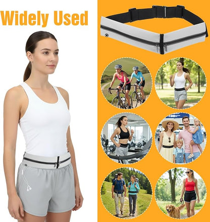 Slim Running Belt with 2 Pockets for women & Men Runners Fanny Pack Phone Holder,Reflective Fanny Pack,Running Gear Accessories with Buckle(Grey)