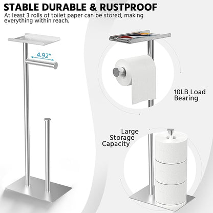 CISILY Silver Stainless Steel Toilet Paper Holder Stand with Phone Shelf, Bathroom Toliet Decor Decoration. Tissue Paper Roll Holder Free Standing Storage, Rv Accessories