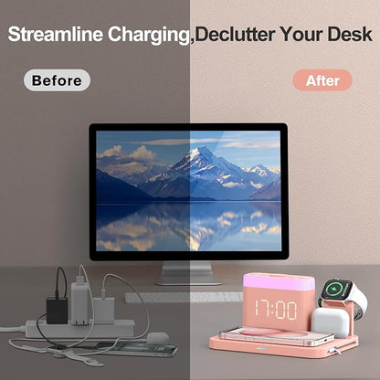 ANJANK 5 in 1 Wireless Charging Station with Alarm Clock,7 Night Light & 0-100% Dimmer,Qi Mag-Safe Charger Stand for Apple Devices - for iPhone 17 16 15 14 13 12 Pro Max Plus Air,Apple Watch,Airpods