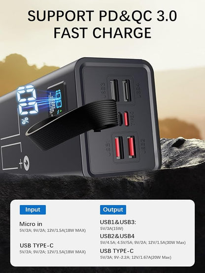Portable Charger Power Bank, PD 30w & QC 3.0 Fast Charging Battery Pack, 70000mah Powerbank 5 Outputs 2 Inputs Compatible with iPhone 17/16/15/14/13/12 and More