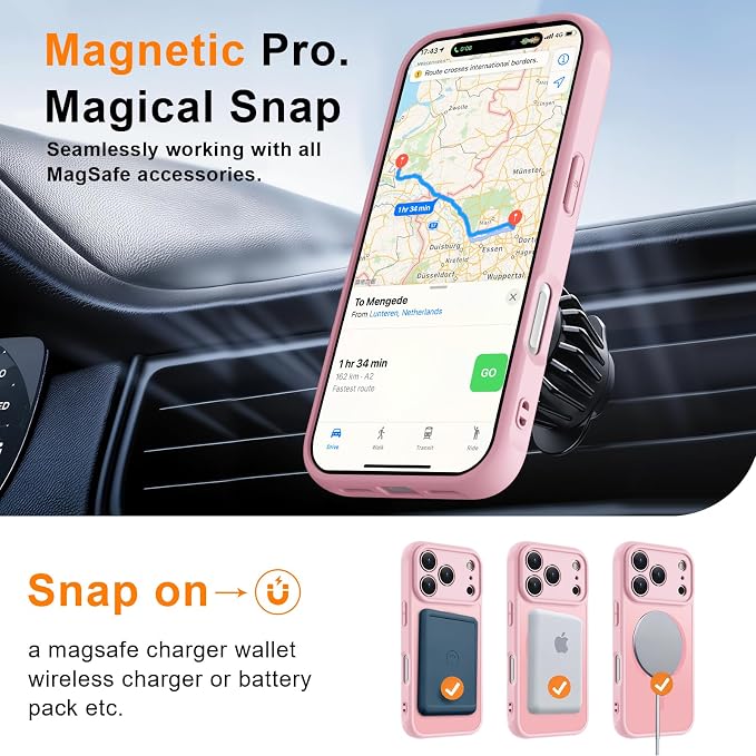 MOCCA Magnetic for iPhone 17 Pro Case, (Compatible with Magsafe) (16FT Military Grade Protection) Full Camera Protection Anti-Fingerprint Slim Translucent Matte Phone Cover 6.3",Pink