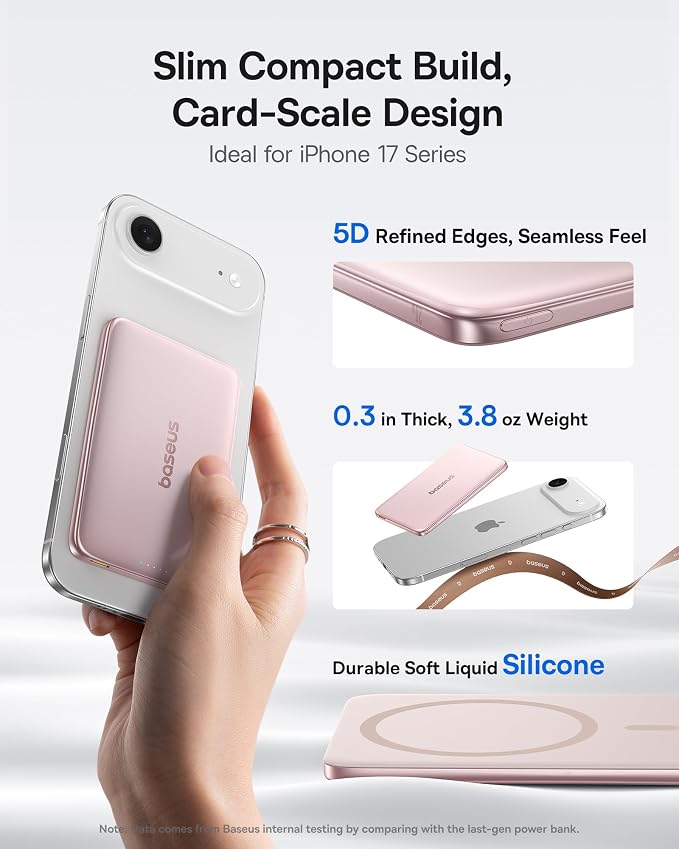 Baseus Picogo Power Bank, 0.3" Ultra Slim 5000mAh MagSafe Battery Pack, Update Polished Alloy Magnetic Portable Charger, Wireless Charger with USB-C Cable for iPhone 17 Pro Max/17 Air/16/15/14/13/12
