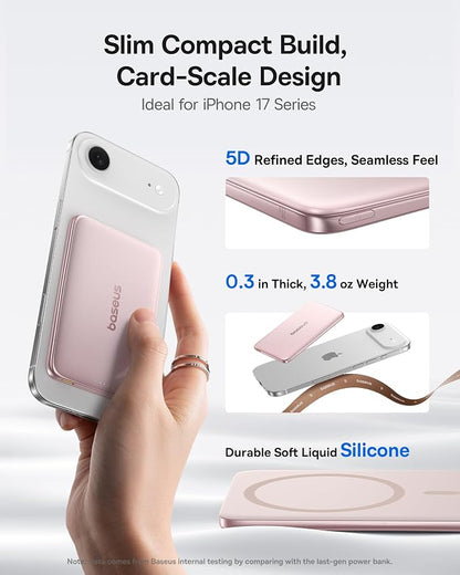 Baseus Picogo Power Bank, 0.3" Ultra Slim 5000mAh MagSafe Battery Pack, Update Polished Alloy Magnetic Portable Charger, Wireless Charger with USB-C Cable for iPhone 17 Pro Max/17 Air/16/15/14/13/12