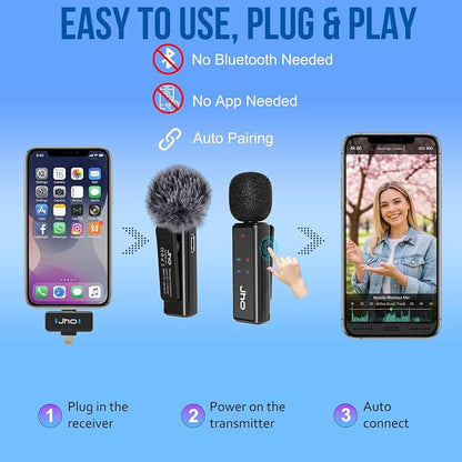 JHO Mini Microphone for iPhone & Android,16H Battery, Noise Cancelling Lavalier Microphone, Clip On Lapel Mic Pro for Content Creators Vlogging/YouTube/Tiktok/Streaming/Interview/Video Recording